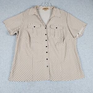 Notations Blouse Women 1X‎ Tan Black Polka Dot Short Sleeve Collared Button Up